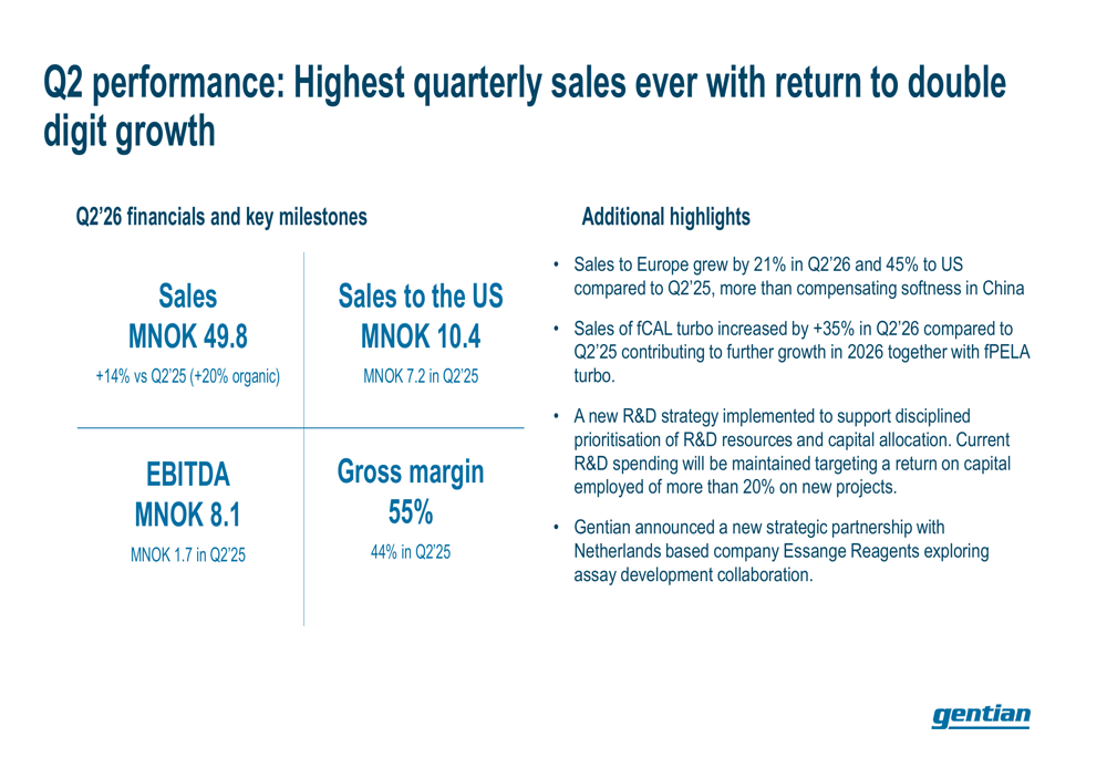 Gentian Q2 2026 slides: record sales, margins recover to target range