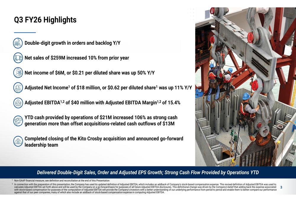 Columbus McKinnon Q3 FY26 slides reveal 10% sales growth, acquisition milestone