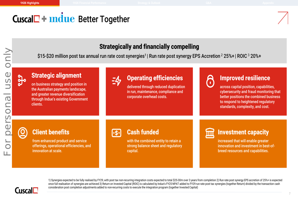 Profity Integration Cuscal 1H26 slides: underlying profit up 13%, Indue integration ...