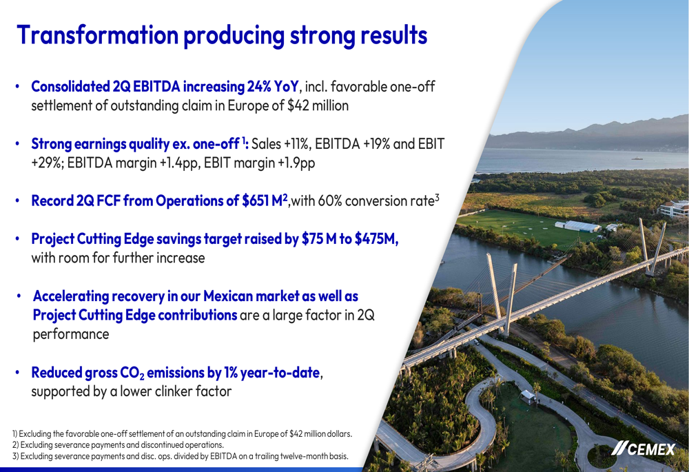 CEMEX, 2026년 2분기 실적 발표: 혁신으로 역대 최고 잉여현금흐름 달성, 주가 하락