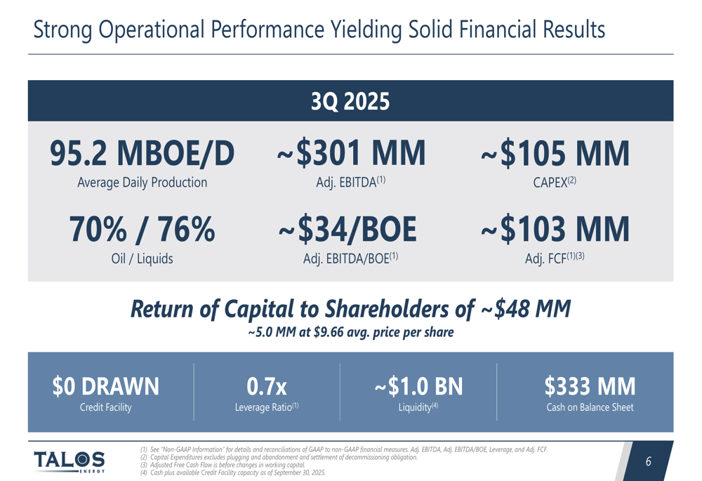 Talos Energy Q3 2025 slides: strong cash flow and cost savings amid exploration success