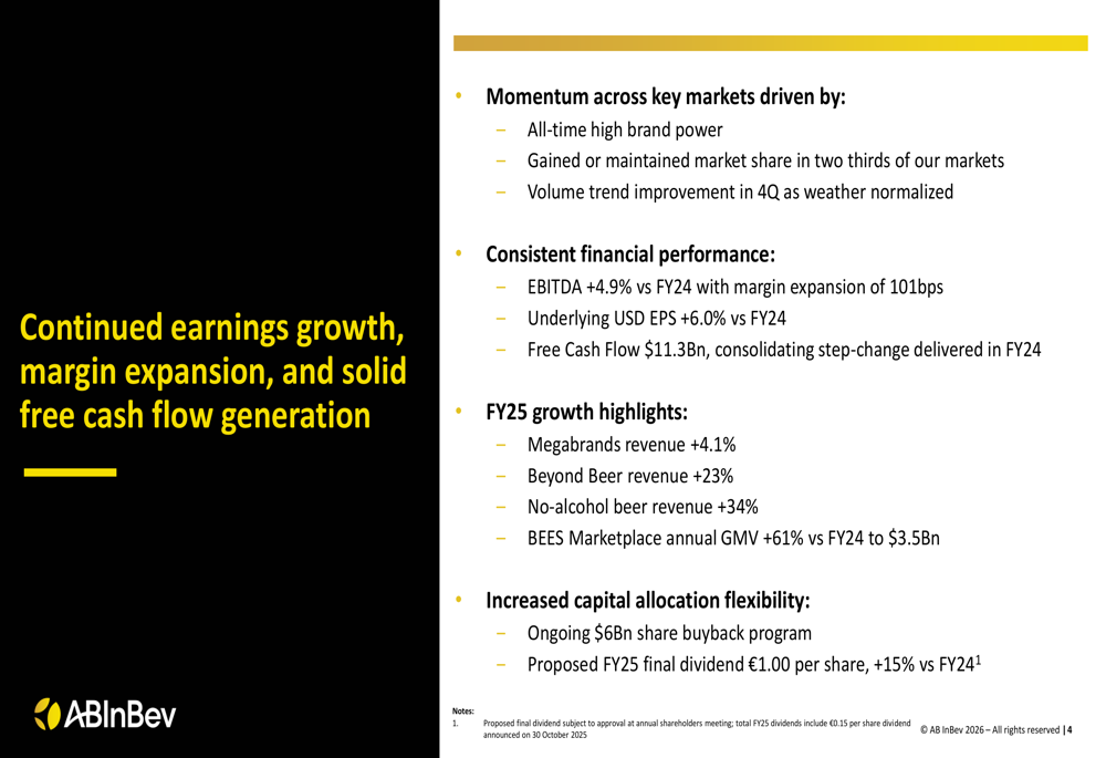 AB InBev Q4 2025 slides: EBITDA growth and margin expansion despite volume challenges