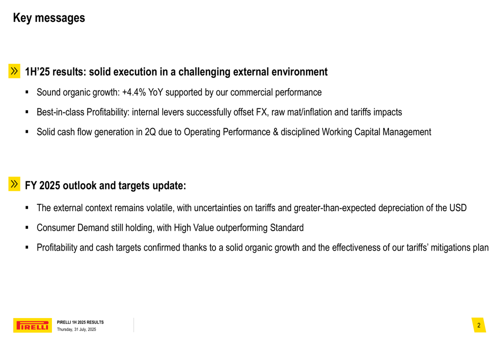 Pirelli 1H 2025 presentation slides: High Value strategy drives 14% profit growth