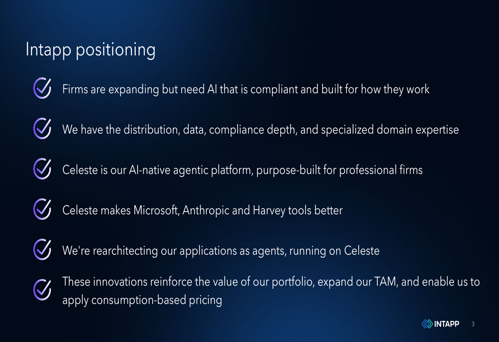 Intapp Q3 FY26 slides: Celeste AI launch targets $30B+ market