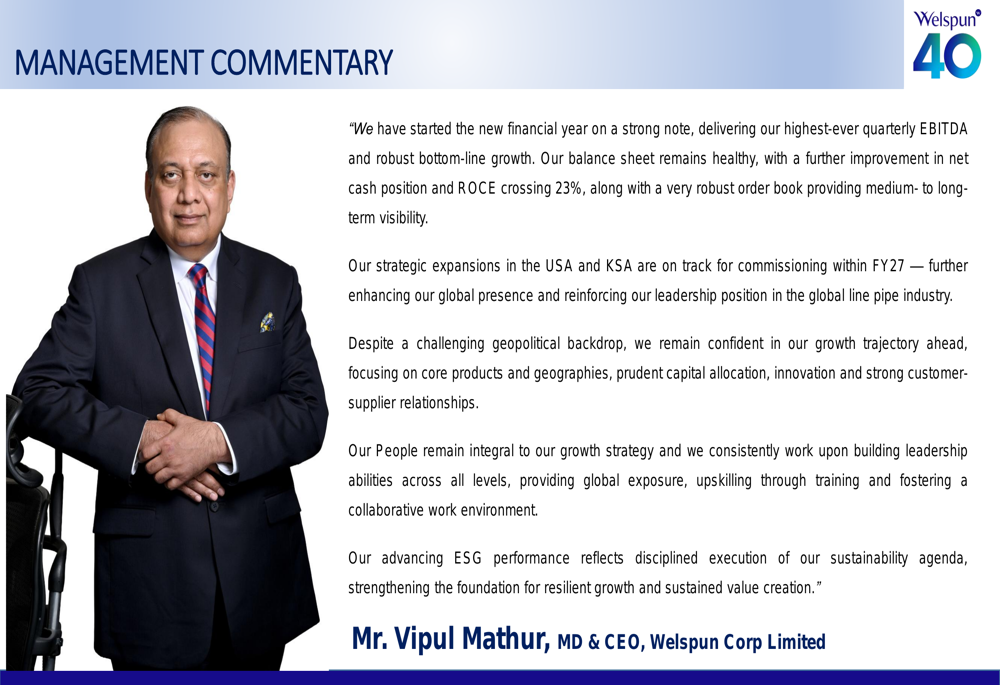 Welspun Corp Q1FY27 slides: record EBITDA, strong order book