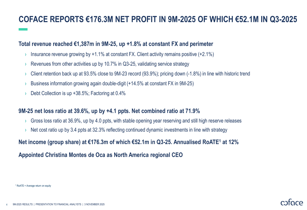 Coface 9M-2025 presentation slides: Services growth offsets insurance slowdown