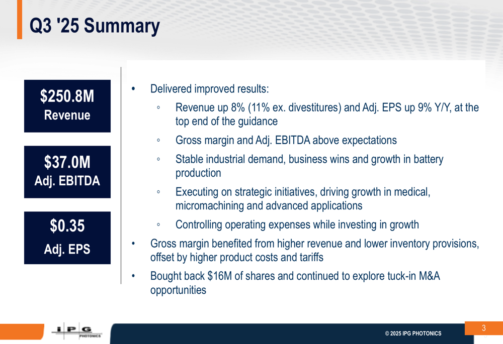 IPG Photonics Q3 2025 slides: Revenue up 8%, adjusted EPS beats expectations