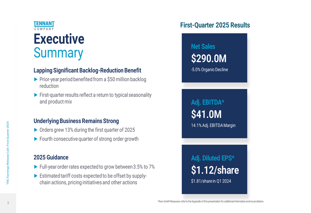 Tennant Q1 2025 slides: Sales decline 5% while orders grow 13%, guidance maintained