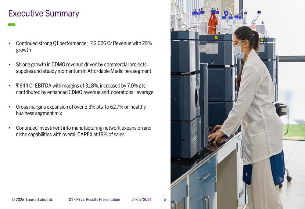 Laurus Labs Q1 FY27 slides: CDMO surge drives record margins