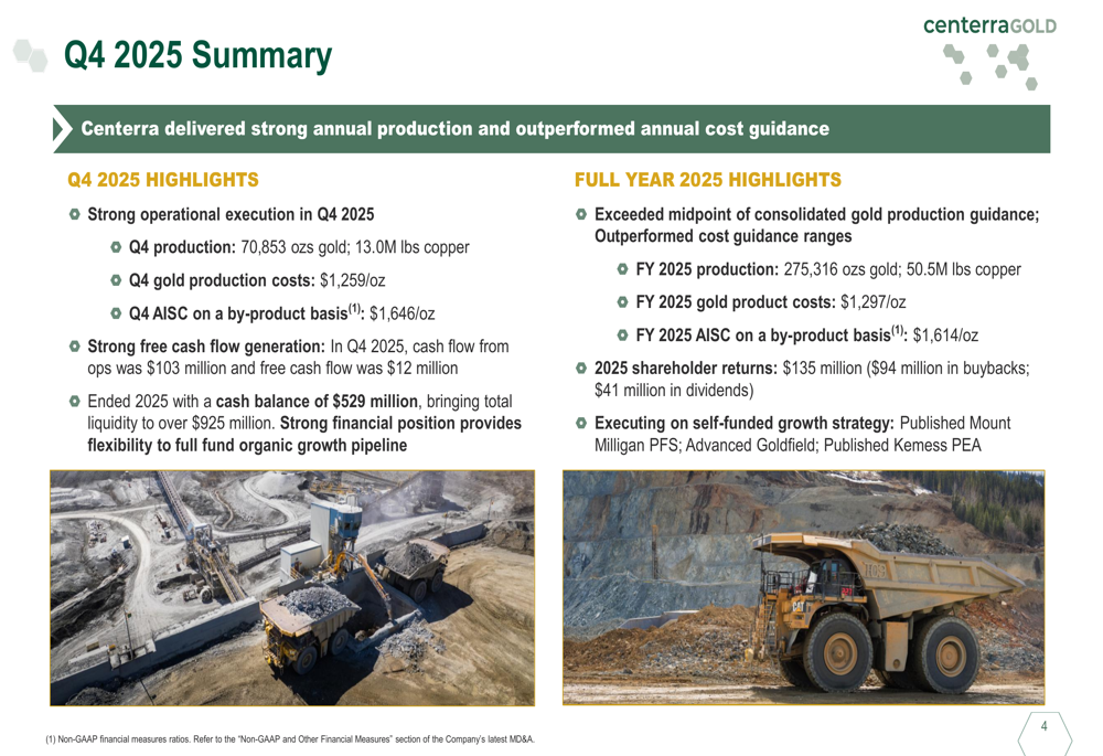 Centerra Gold 2025年第4四半期決算:生産量がガイダンスを上回り