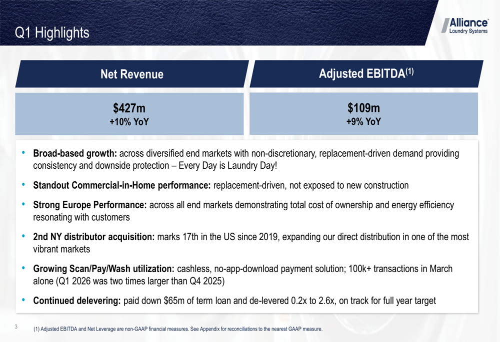 Alliance Laundry Q1 2026 slides: revenue up 10%, digital gains momentum