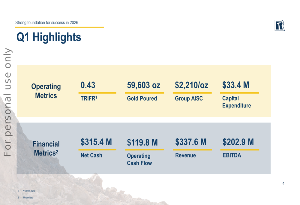Resolute Mining 2026년 1분기 실적 발표: Doropo 프로젝트 진척에 힘입어 순현금 대폭 증가