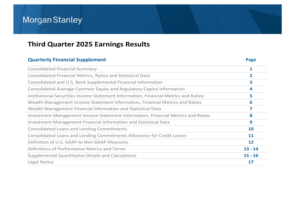 Morgan Stanley Q3 2025 presentation slides: net income surges 45% YoY, revenues up 18%