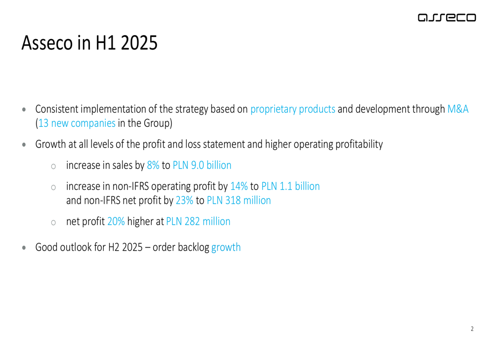 Asseco Poland H1 2025 slides show 14% profit growth and accelerated acquisition strategy