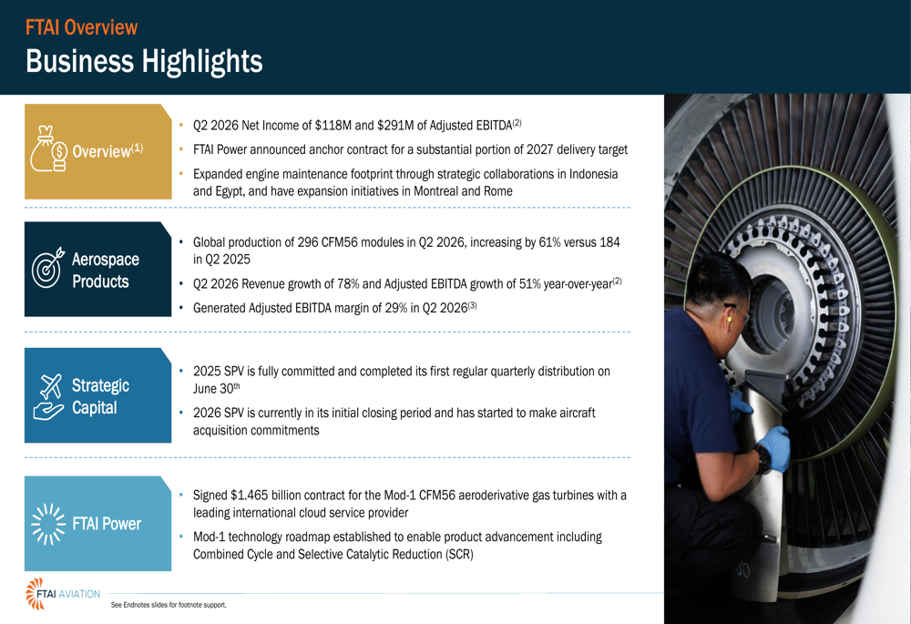 FTAI Aviation Q2 2026 slides: power contract, production surge amid earnings miss