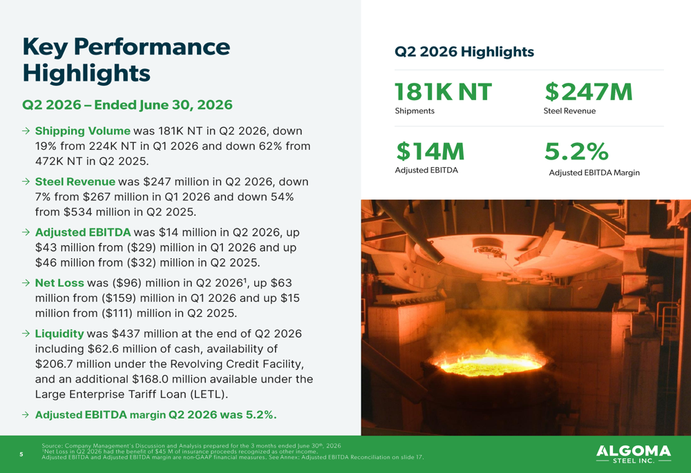 Algoma Steel Q2 2026 slides: EBITDA turns positive amid transformation