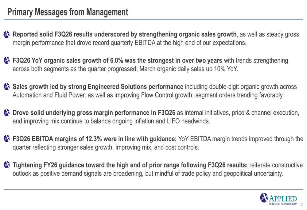 Applied Industrial 2026年第3四半期決算：有機的成長が2年ぶりの高水準に到達