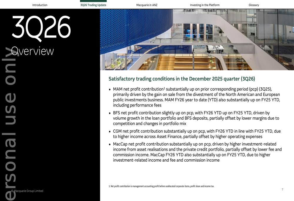 Macquarie Q3 2026 presentation slides: Strong growth across all business divisions