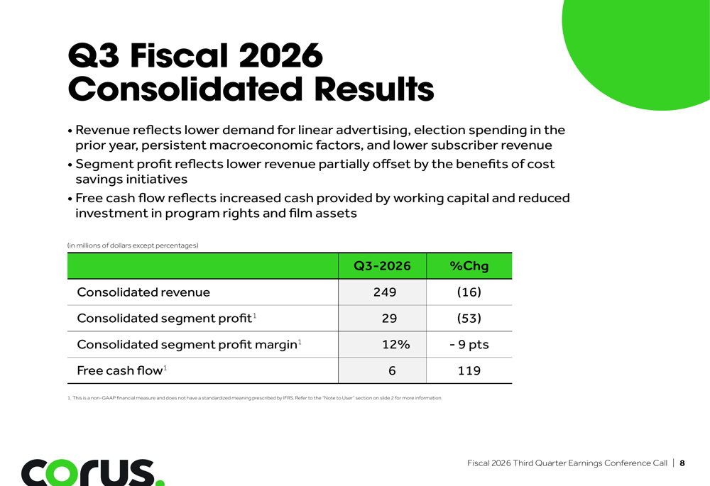 Corus Q3 F2026 slides: content push amid 53% profit drop