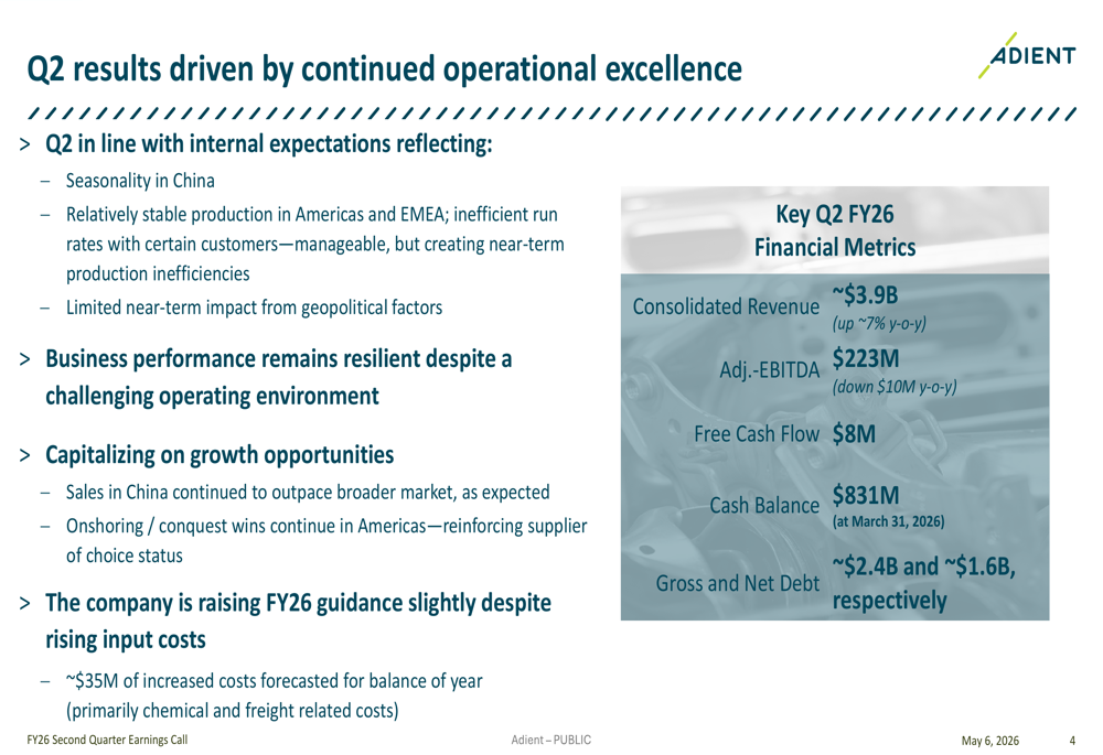 Adient Q2 FY26 slides: earnings beat drives stock surge despite headwinds