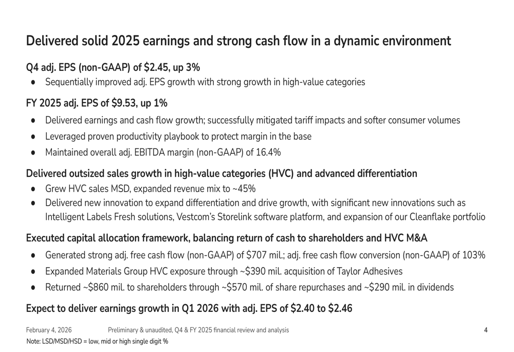 エイブリー・デニソン、2025年第4四半期：売上横ばいの中で緩やかな利益成長