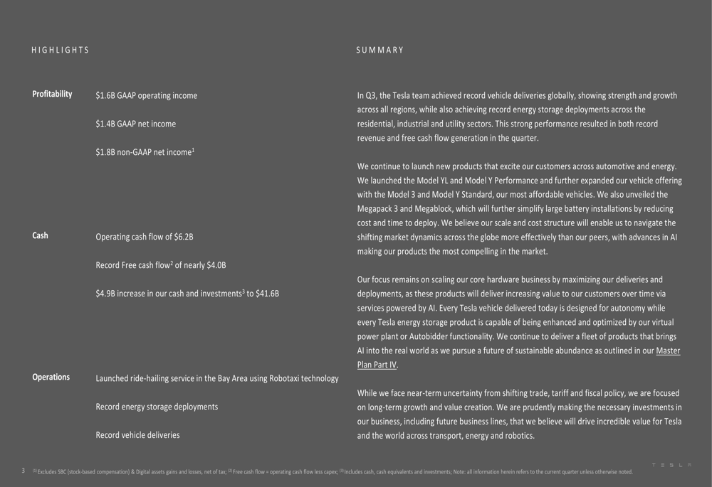 Tesla Q3 2025 slides: Record revenue and deliveries amid margin pressure