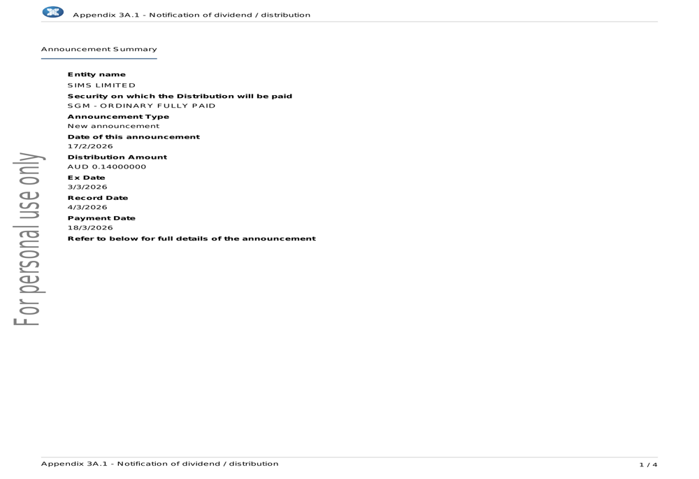 Sims Limited H1 2026 slides: Company declares AUD 0.14 interim dividend