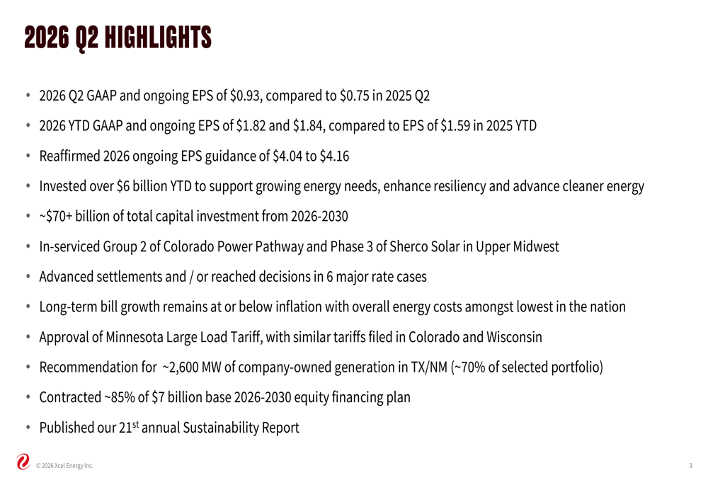 Xcel Energy Q2 2026 slides: $70B capital plan, data center growth