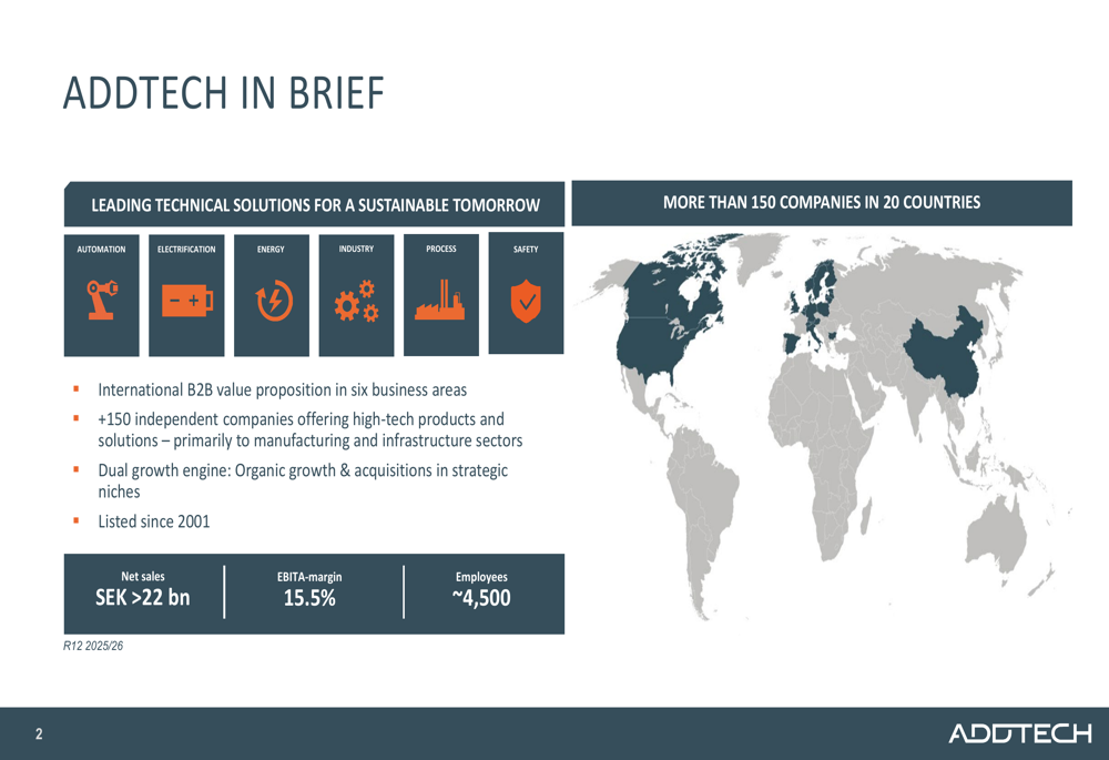 Addtech 2025/26年第3四半期：売上高は緩やかな伸びながらマージン拡大により9%のEBITA成長を達成