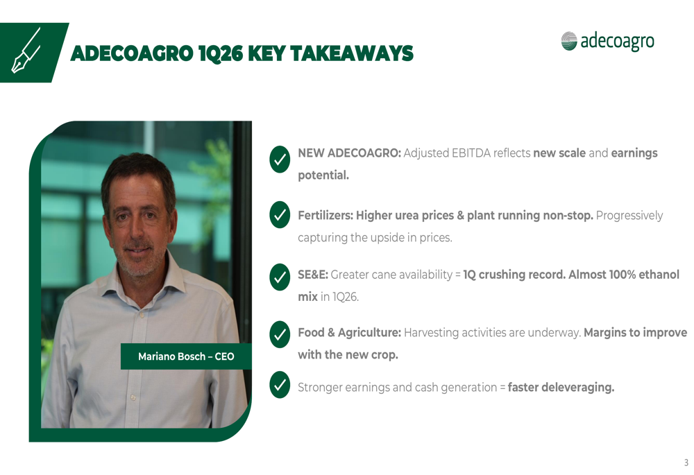 Adecoagro Q1 2026 slides: EBITDA surges 139% despite EPS miss