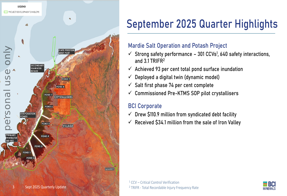 BCI Minerals Q3 2025 presentation: Mardie Salt project 74% complete, on track for 2026