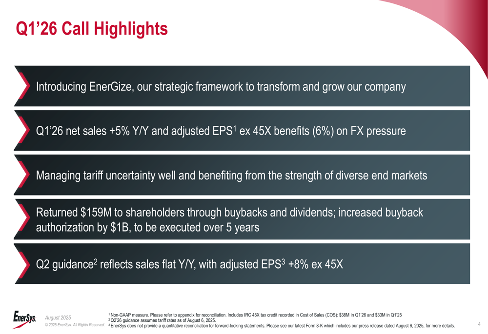 EnerSys Q1 FY'26 slides: 'EnerGize' strategy unveiled amid tariff challenges