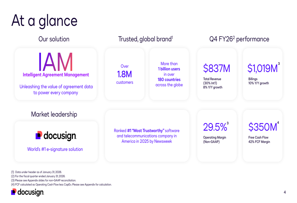 DocuSign Q4 FY26 slides: billings top $1B, IAM gains momentum