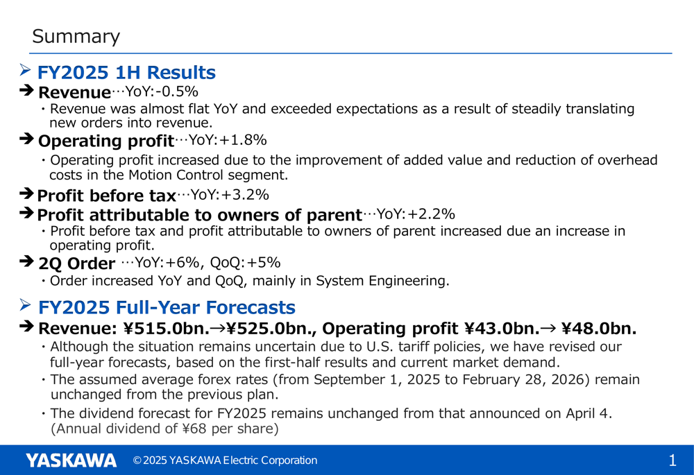 Yaskawa Electric FY2025 1H slides: Raises full-year forecast despite flat revenue
