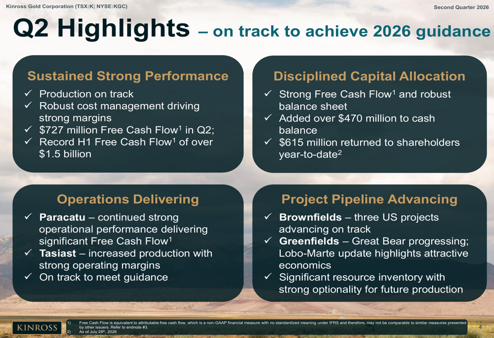 Kinross Q2 2026 slides: record cash drives shareholder returns