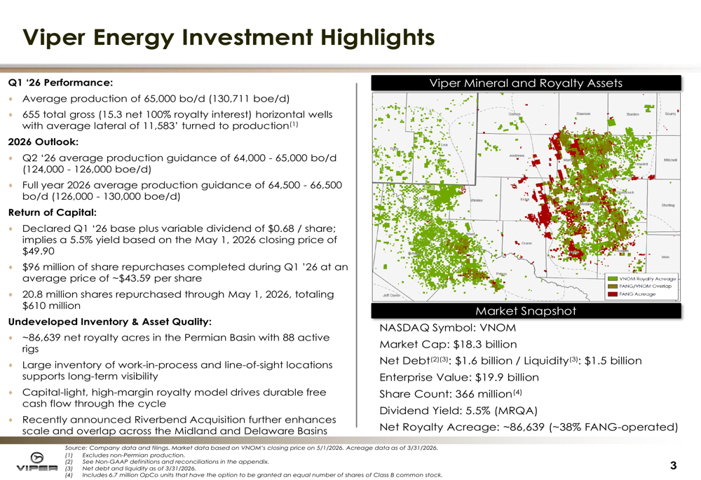 Viper Energy 2026年第1四半期決算資料：90%の配当性向で5.5%の配当利回りを実現