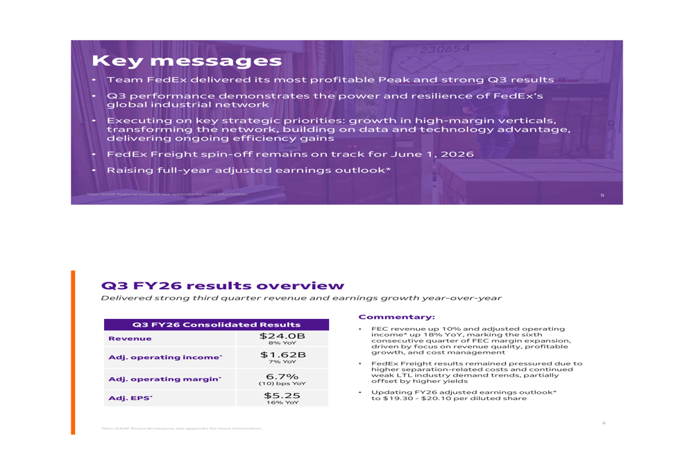 FedEx Q3 FY26 slides: earnings surge 16% as network transformation pays off